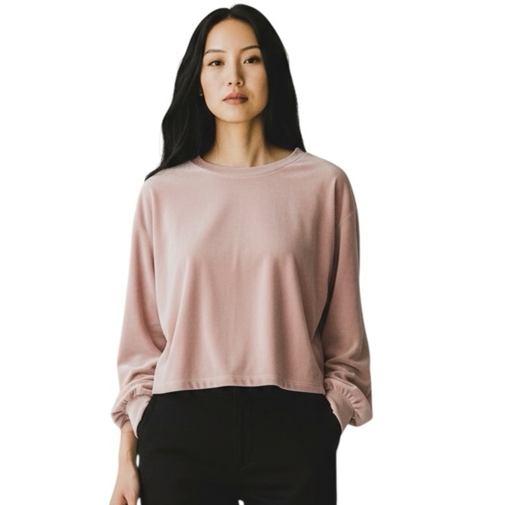 ALTAR’D STATE PINK VELOUR CROP LONG SLEEVE ROUND NECK POPOVER PULLOVER TOP M